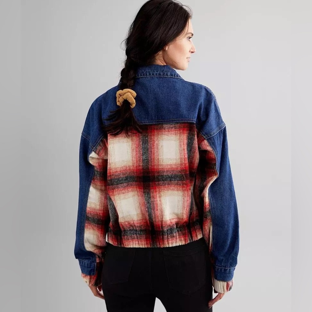 BKE Buckle Brushed Wool Blend Plaid Denim Jacket sz S - Picture 2 of 12